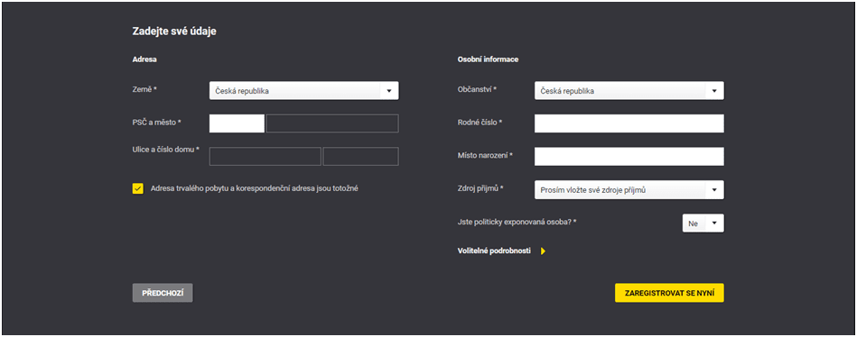 Druhý krok registrace