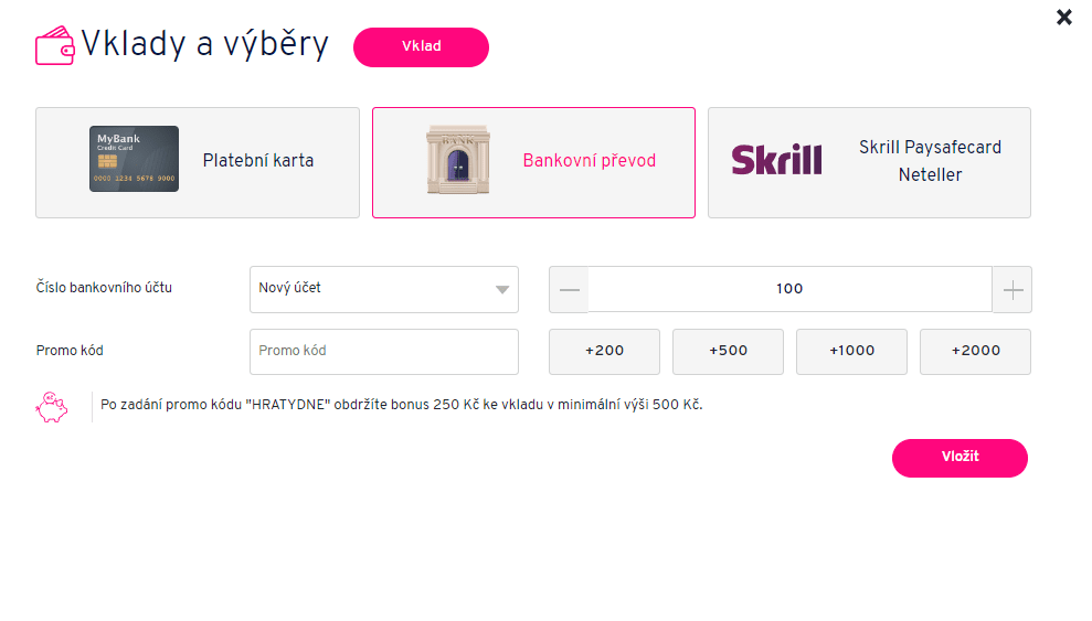 Vložení platebních prostředků můžete skrze, bankovní účet, platební kartu nebo Skrill